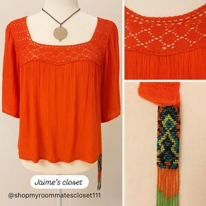 Boho Embroidered Orange Peasant Blouse – S/M